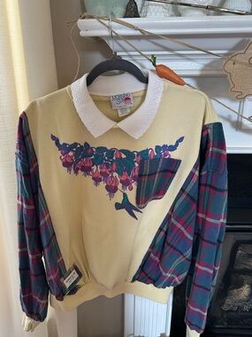 Morning Sun Vintage Floral Plaid Pullover Sweatshirt with flannel sleeves